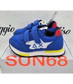 Scarpe Sneakers Bimbo e Bambino, Bluette, Bianche, Blu e Gialle con Baffo Rosso, Doppio Strappo, in Pelle e Tessuto, Sun68