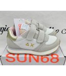 Scarpe Sneakers Bimba e Bambina, Bianche, Beige e Rosa con Baffo Dorato, Doppio Strappo, in Pelle e Tessuto, Sun68