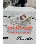 Scarpe Sneakers Bambina e Ragazza, Bianche, Beige e Rosa con Baffo Dorato e Lacci, in Pelle e Tessuto, Sun68