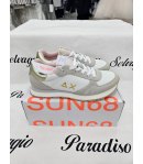 Scarpe Sneakers Bambina e Ragazza, Bianche, Beige e Rosa con Baffo Dorato e Lacci, in Pelle e Tessuto, Sun68