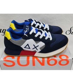 Scarpe Sneakers Bambino e Ragazzo, Blu Scure, Grigie, Azzurre, Bianche, Rosse, Baffo Giallo e Lacci, in Pelle e Tessuto, Sun68