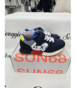 Scarpe Sneakers Bimbo e Bambino, Blu, Grigie, Azzurre, Bianche, Rosse, Baffo Giallo, Lacci e Strappo, in Pelle e Tessuto, Sun68