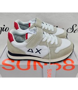 Scarpe Sneakers Bambino e Ragazzo, Bianche, Beige e Blu con Baffo Rosso, Lacci e Strappo, in Pelle e Tessuto, Sun68
