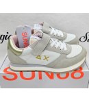 Scarpe Sneakers Bambina e Ragazza, Bianche, Beige e Rosa con Baffo Dorato, Lacci e Strappo, in Pelle e Tessuto, Sun68