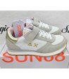 Scarpe Sneakers Bambina e Ragazza, Bianche, Beige e Rosa con Baffo Dorato, Lacci e Strappo, in Pelle e Tessuto, Sun68