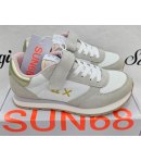 Scarpe Sneakers Bambina e Ragazza, Bianche, Beige e Rosa con Baffo Dorato, Lacci e Strappo, in Pelle e Tessuto, Sun68