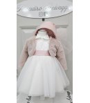 Abitino da Battesimo e Cerimonia Neonata Bimba, Bianco con Cappellino e Pellicciotto Rosa, in Poliestere, Nazareno Gabrielli