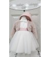Abitino da Battesimo e Cerimonia Neonata Bimba, Bianco con Cappellino e Pellicciotto Rosa, in Poliestere, Nazareno Gabrielli
