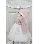 Abitino da Battesimo e Cerimonia Neonata Bimba, Bianco con Cappellino e Pellicciotto Rosa, in Poliestere, Nazareno Gabrielli