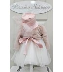 Abitino da Battesimo e Cerimonia Neonata Bimba, Bianco con Cappellino e Pellicciotto Rosa, in Poliestere, Nazareno Gabrielli