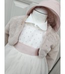 Abitino da Battesimo e Cerimonia Neonata Bimba, Bianco con Cappellino e Pellicciotto Rosa, in Poliestere, Nazareno Gabrielli