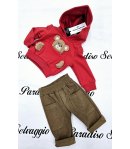 Completino per Neonato Bimbo, Rosso e Beige, con Cappuccio e Orsetto in Rilievo, in Cotone e Velluto, Nazareno Gabrielli