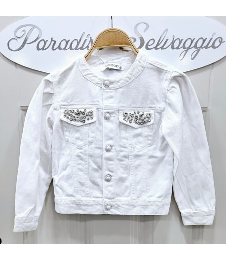giubbino bimba in jeans, bianco con strass sulle tasche, marca lolly