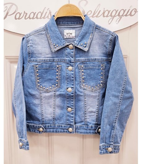 giubbino bimba in jeans, con strass su tasche e colletto con bottoni borchiati, marca lolly