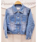 giubbino bimba in jeans, con strass su tasche e colletto con bottoni borchiati, marca lolly