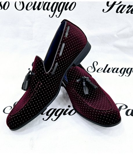 Mocassino Uomo Scamosciato a Pois con Pon Pon, Color Prugna, Marca Gianni