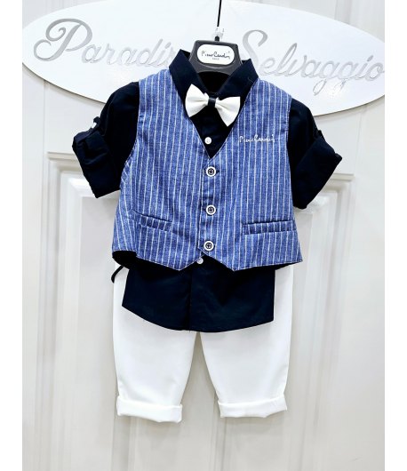 Completino Baby Cerimonia Casual, Colore Ginsato Blu E Bianco, Qualità Cotone, Marca Pierre Cardine
