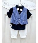 Completino Baby Cerimonia Casual, Colore Ginsato Blu E Bianco, Qualità Cotone, Marca Pierre Cardine