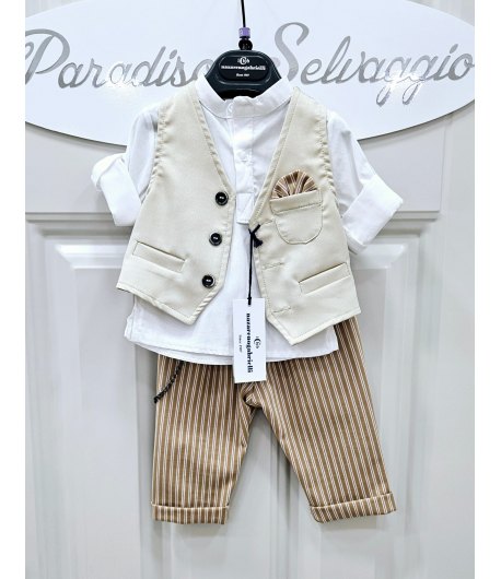 Completino Baby Cerimonia Casual, Cotone Elasticizzato, beige Bianco e NocciolaNazareno Gabrielli