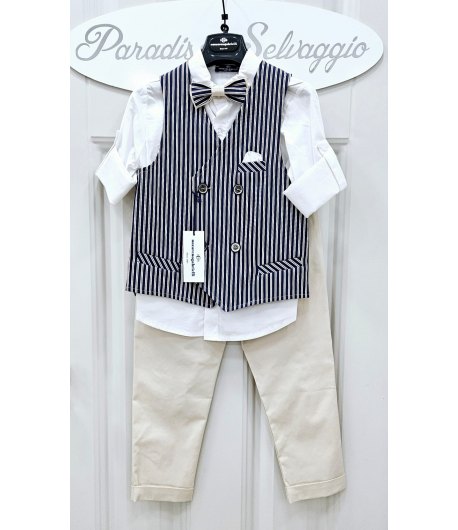 Completino Bimbo Cerimonia Casual, Cotone Elasticizzato, Beige bianco e Blu,Nazareno Gabrielli