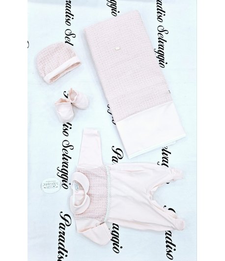 Coordinato Per Neonata Prima Uscita, Rosa, Qualità Cotone e Macrame, Marca Hophopla