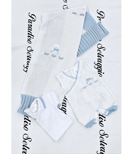 Coordinato Per Neonato, Color bianco e Celeste, Qualità Cotone, Marca Prime Emozioni