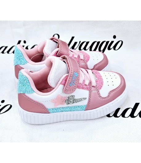 Sneekers Bimba, Colore Bianca Rosa E Turchese, Qualità Ecopelle E Glitter, Marca Giadino D'Oro