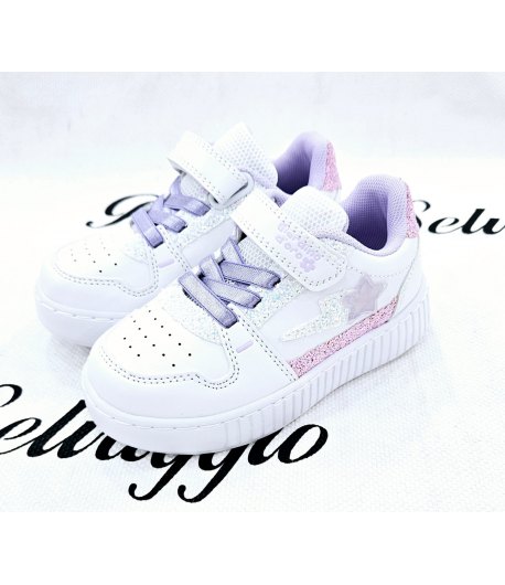 Scarpa Sneakers Bimba, Colore Bianca Rosa E Lilla, Qualità Ecopelle, Marca Giardino D'Oro