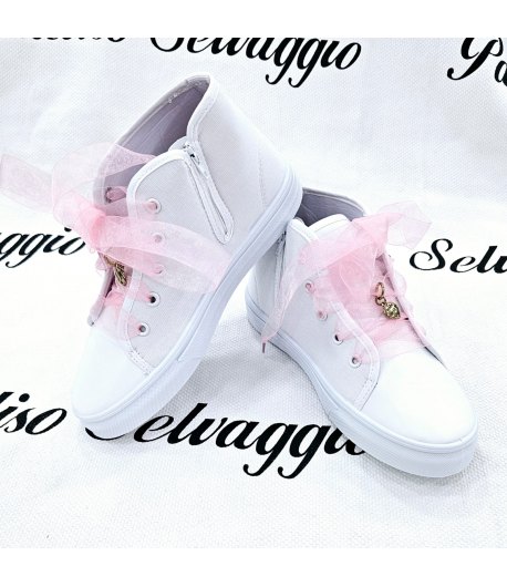 Scarpa Sneakers Bimba, Colore Bianca E Rosa, Qualità Ecopelle Tessuto E Velo, Marca Giardino D'Oro