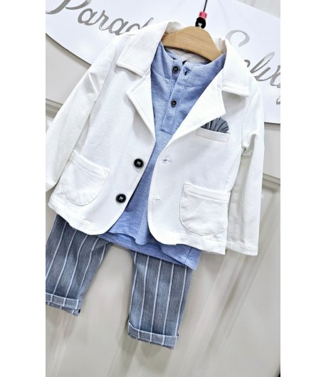 Completo Baby Casual , Colore bianco E Celeste, Qualità Cotone, Marca Nazareno Gabrielli