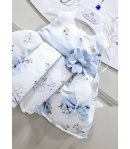 Abitino Baby E Neonata , Colore bianco E Celeste, Qualità Poliviscon Semi Lucido, Marca Mini Kiss