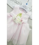 Abitino Neonata Baby Cerimonia e Battesimo, in Tecno Raso e Velo con Fascia e Fiore, Coprispalle in Cotone Panna, Mini Kiss