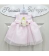 Abitino Neonata Baby Cerimonia e Battesimo Rosa, in Tecno Raso e Velo con Fascia e Fiore, Coprispalle in Cotone Panna, Mini Kiss