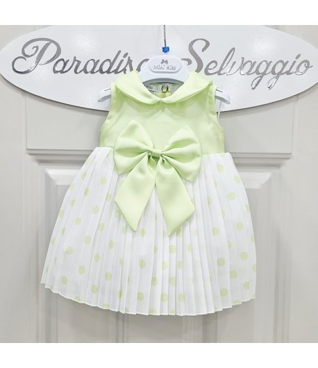 Abitino Cerimonia e Battesimo Neonata Baby Verde Smeraldo in Raso e Organza a Pois con Fiocco e Coprispalle in Cotone, Mini Kiss