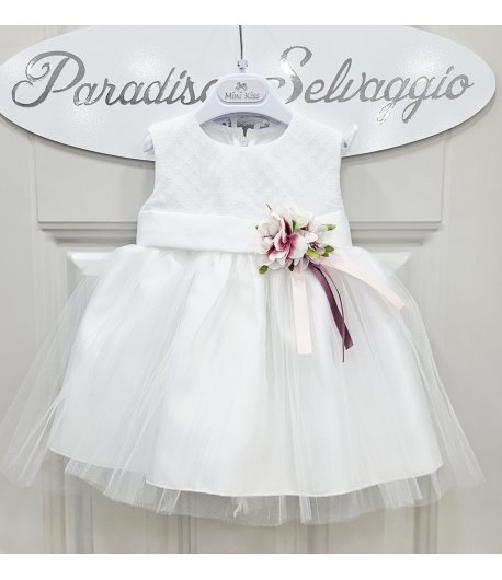 Abito Cerimonia e Battesimo Neonata Baby Bianco in Tecno Raso e Velo con Corpetto Operato e Coprispalle, Mini Kiss