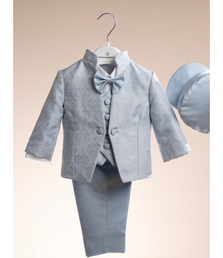 Abito Cerimonia e Battesimo Neonato Celeste Polvere 6 Pezzi con Giacca Damascata e Coppola, Nazareno Gabrielli