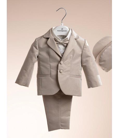 Abito Battesimo e Cerimonia Neonato Beige Dorato 6 Pezzi con Giacca Brillantinata e Coppola, Nazareno Gabrielli