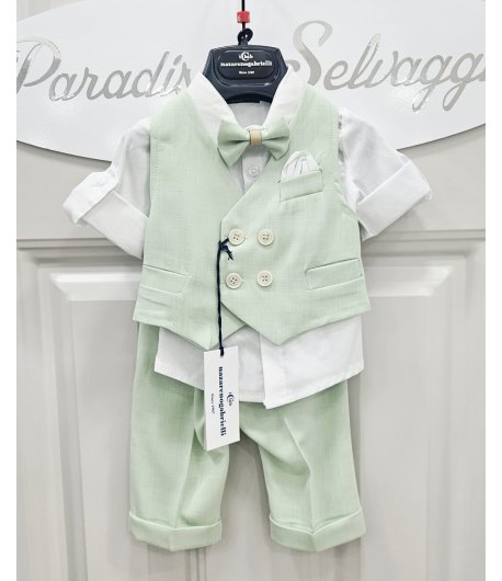 Completo Cerimonia Bimbo Neonato Verde Acqua 4 Pezzi con Gilet, Camicia, Papillon e Pantalone Elegante Nazareno Gabrielli