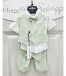 Completo Cerimonia Bimbo Neonato Verde Acqua 4 Pezzi con Gilet, Camicia, Papillon e Pantalone Elegante Nazareno Gabrielli