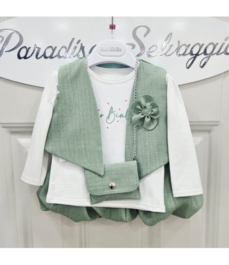 Completino Bimba Neonata Verde Salvia 4 Pezzi con Gilet Fiore, Maglia Cotone, Gonna a Palloncino e Borsetta, Ciao Bimba
