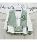 Completino Bimba Neonata Verde Salvia 4 Pezzi con Gilet Fiore, Maglia Cotone, Gonna a Palloncino e Borsetta, Ciao Bimba
