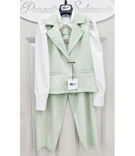 Completo Bambina Ragazza Verde Acqua con Gilet Gioiello, Camicia Cotone, Cravatta con Spilla e Pantalone Balloon, Sisters