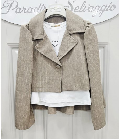 Completo Bambina e Ragazza Beige Gessato con Giacca e Gonna, Maglia Bianca con Cuore Strass, 3 Pezzi Elegante, Kitty Kiss
