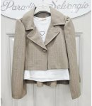 Completo Bambina e Ragazza Beige Gessato con Giacca e Gonna, Maglia Bianca con Cuore Strass, 3 Pezzi Elegante, Kitty Kiss