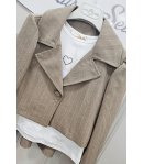 Completo Bambina e Ragazza Beige Gessato con Giacca e Gonna, Maglia Bianca con Cuore Strass, 3 Pezzi Elegante, Kitty Kiss