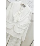 Completo Bimba e Bambina Bianco con Gilet, Camicia Velata e Pantalone Plissettato con Catena Dorata, 3 Pezzi, Petite Jolie
