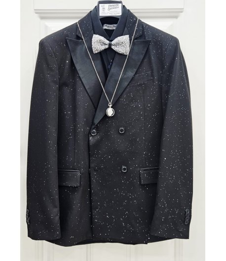 Abito Uomo Cerimonia e 18° Compleanno Nero Glitter Argento Doppiopetto con Pantalone Slim Taglio Inglese Elegante, Emporio