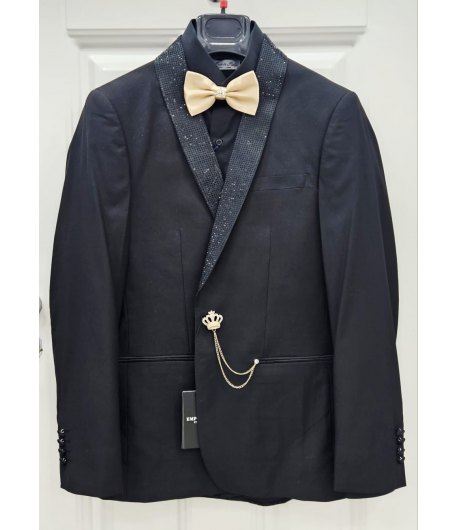 Abito Uomo Cerimonia e 18° Compleanno Nero con Sciallatura Brillantinata con Strass e Pantalone Slim Taglio Inglese, Emporio