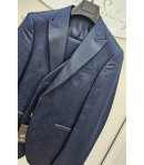 Abito Uomo Cerimonia e 18° Compleanno Bluette Damascato con Giacca Collo a Lancia, Gilet Coordinato e Pantalone Slim Brera