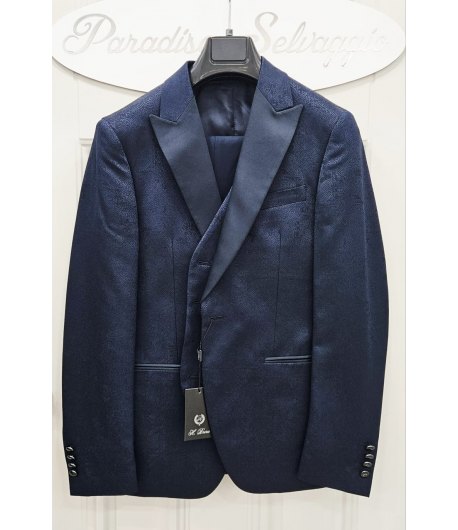 Abito Uomo Cerimonia e 18° Compleanno Bluette Damascato con Giacca Collo a Lancia, Gilet Coordinato e Pantalone Slim Brera